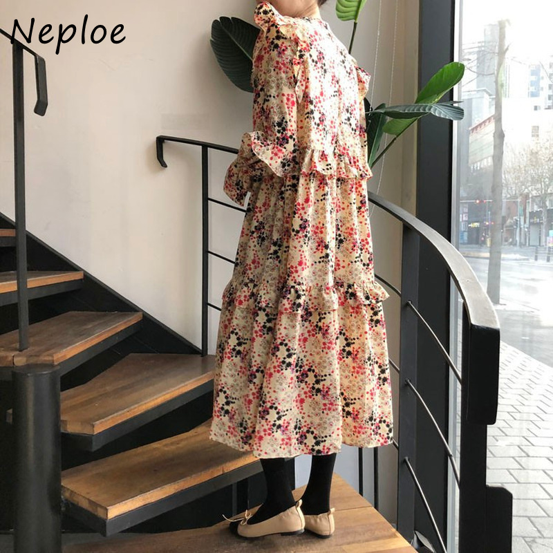 O Neck Flare Long Sleeve Loose Dress Women High Waist Hip A Line Vestidos Vintage Print Spring Robe 210422