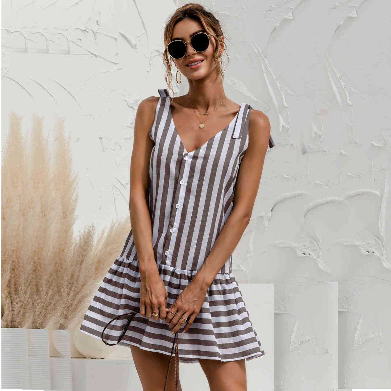 Women Summer dress Lovely Spaghetti Strap A-Line V-Neck Slim Striped Casual Single Breasted Women's mini Dress holidays 210524