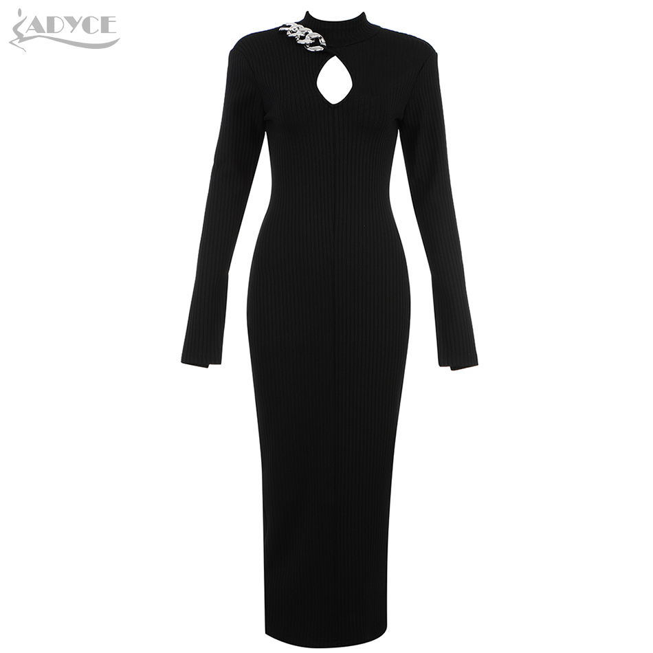 Winter Black Full Sleeve Bodycon Bandage Dress Women Sexy Hollow Out Chain Celebrity Evening Runway Party Dresses 210423