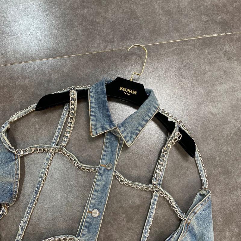 Women's Jackets FABPOP Long Sleeve Chain Hollow Out Turn Down Collar Light Blue Denim Jacket Women Coat Streetwear Gb447