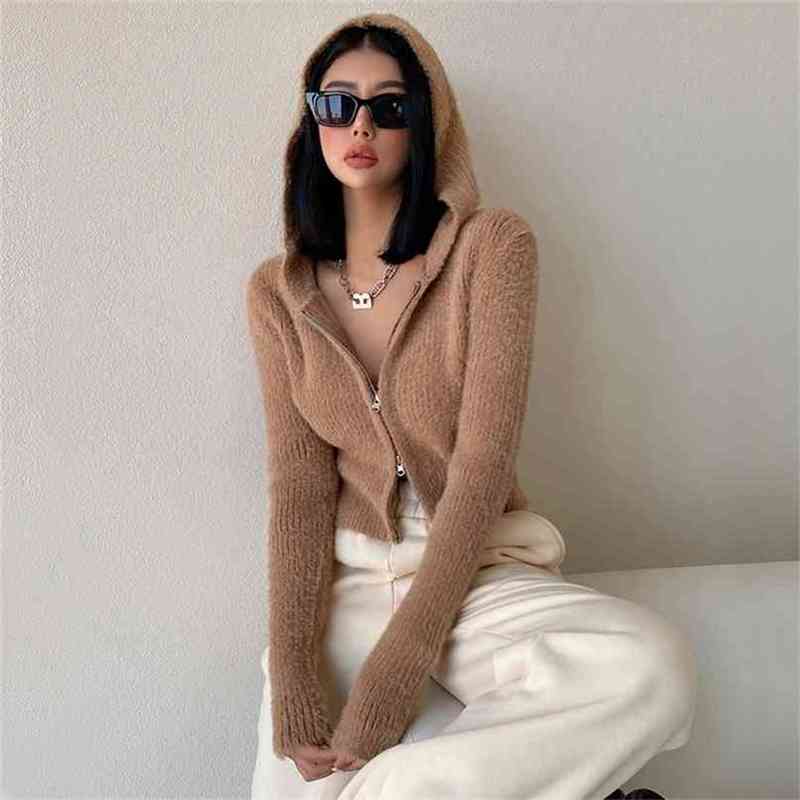 Women Zip Through Rib Fluffy Hooded Knit Cardigan Up Crop Sweater 210512