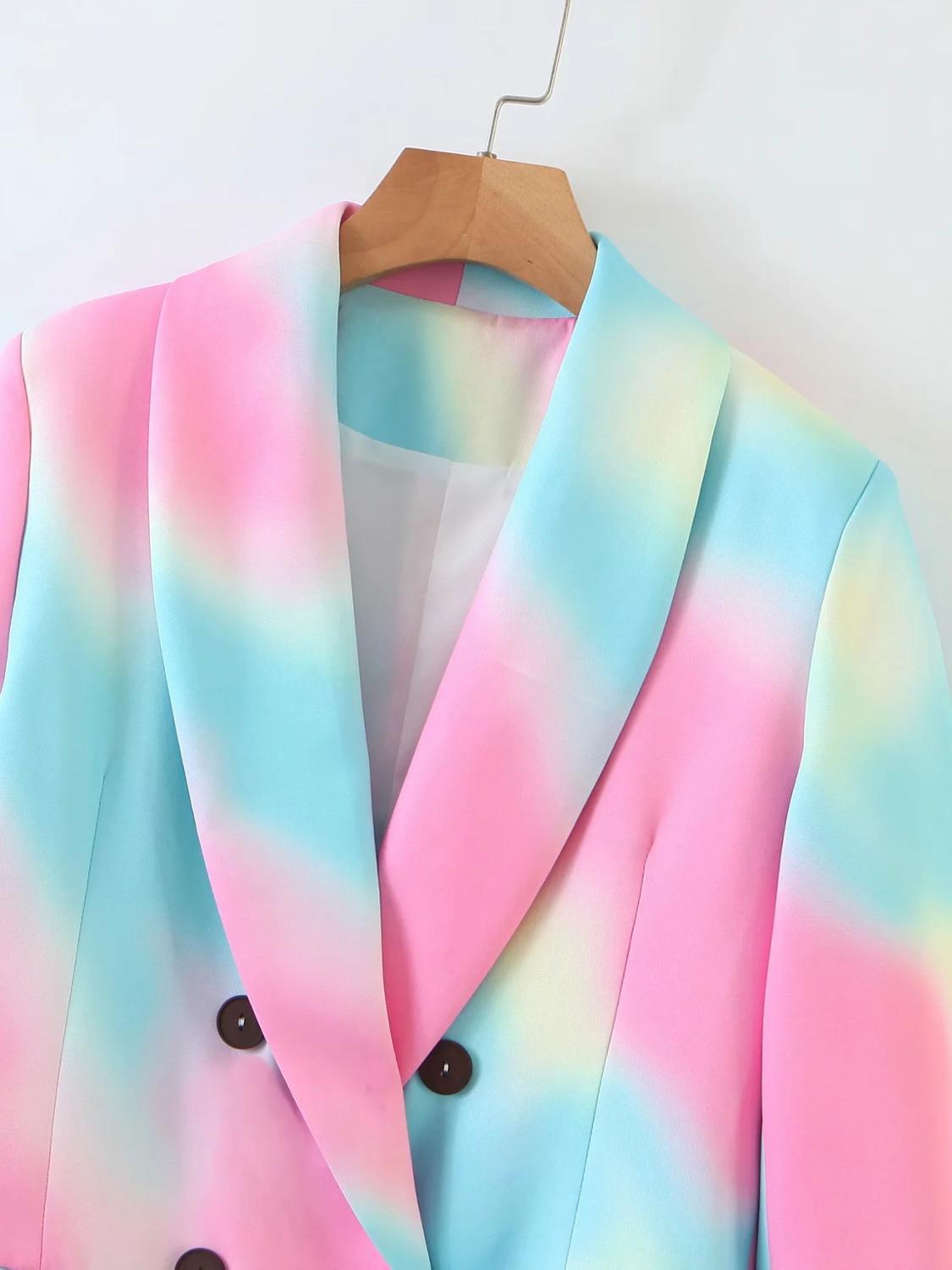 Women Fashion Double Breasted Tie-dye Blazers Coat Vintage Long Sleeve Pockets Female Outerwear Chic Tops 210521