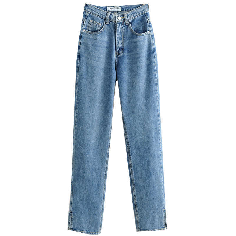 WOMENGAGA High Waist Casual Slim Slimming Jean's Washed Dark Blue Loose Straight Pants Trousers XUX9 210603