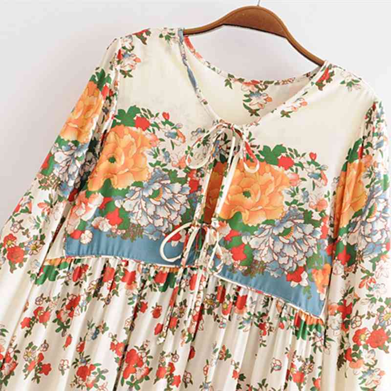 beauty Fashion Boho Floral Print Maxi Dress Women Summer Chic Holiday Wear O-neck Bow Tie Loose Long Dresses Female 210514