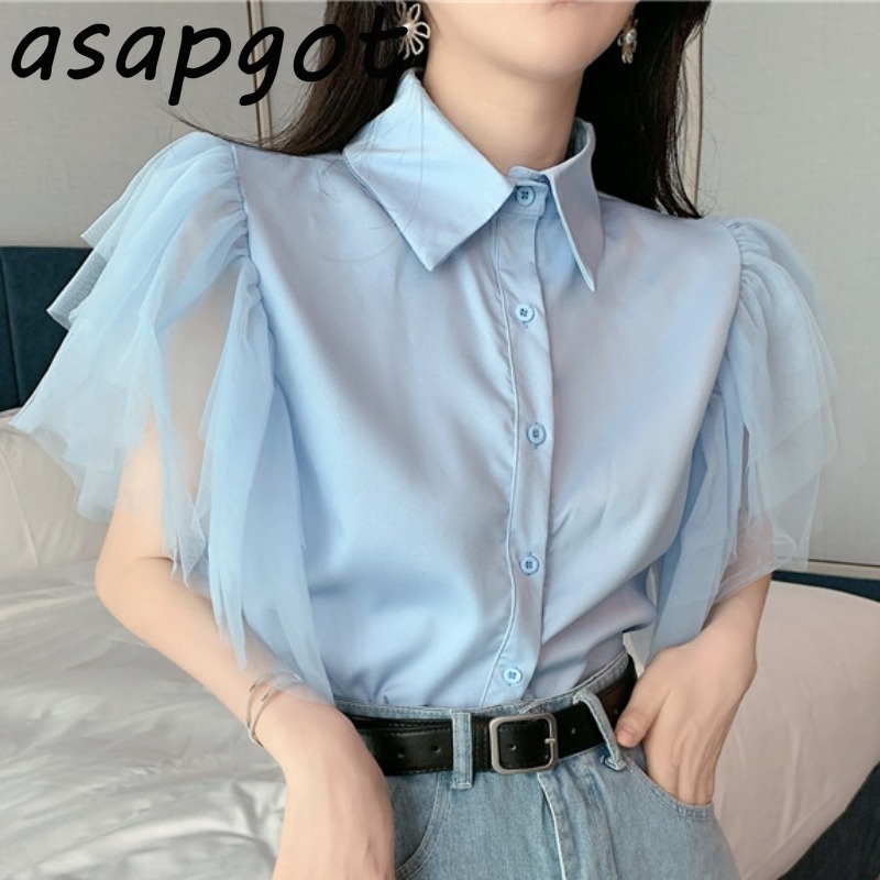 Chic Korean Blue Mesh Half Short Butterfly Sleeve Blouse Women Retro Fashion Slim Patchwork Turn Down Collar Shirts Ruffles 210429