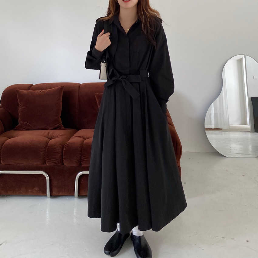 Korea Style Elegant Black A Line Dress High Waist Long Women Clothing Buttons Vestidos 210615