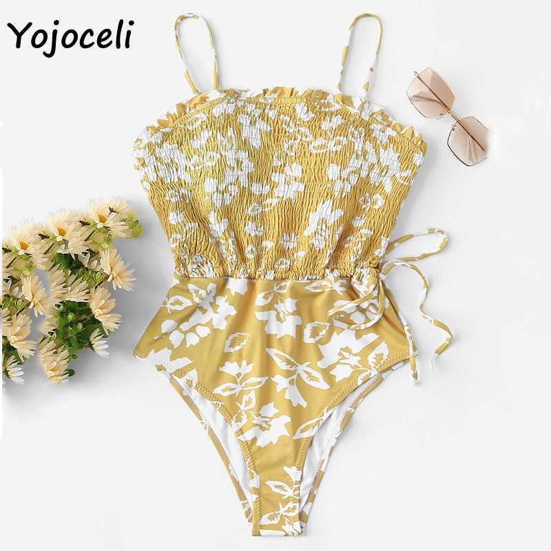 Yojoceli summer spring holiday floral print bodysuit women shirred bodycon boho beachwear bikini 210609