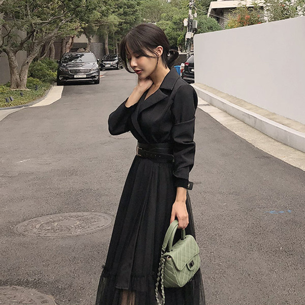 Elegant Blazer Dresses Spring Casual Mesh Patchwork Notched Collar Long Sleeve With Belt Midi Big Swing Vestidos 210519
