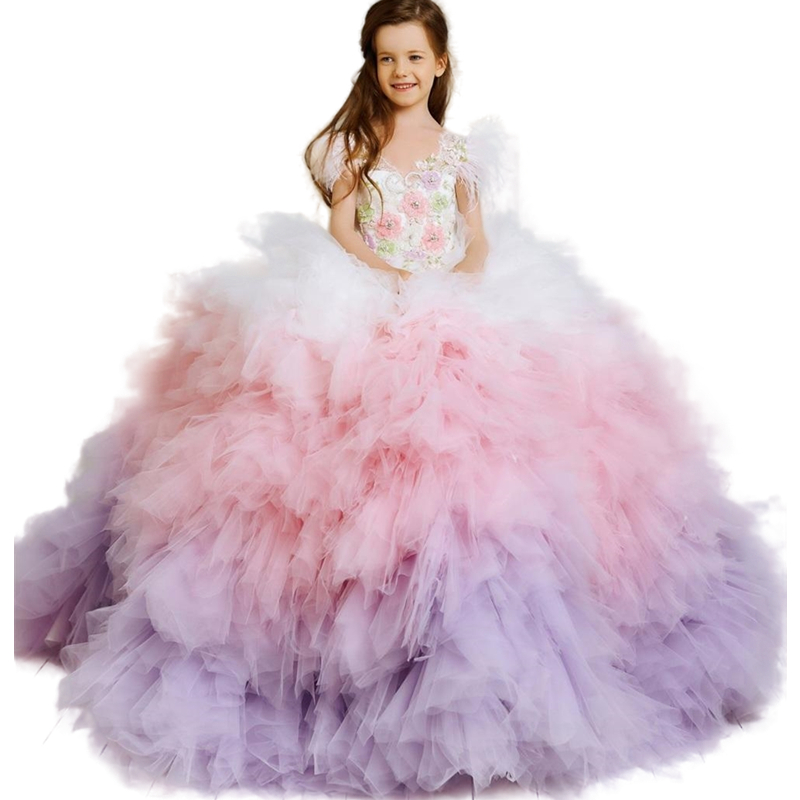 Colorful Tiered Cupcakes Little Girl Pageant Dresses Feather Sleeve Tutu Tulle Skirt Beauty Prom Pageant Dress First holy Communion Gowns Brithday Par