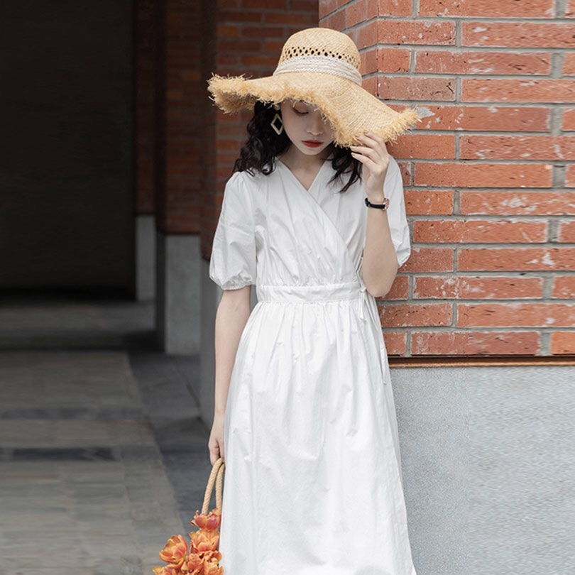 Summer Holiday V neck Front Slit Plain Color Wrap Dress Woman Tie Bow Lace up Waist Short Puff Sleeve Midi Long Dresses 210429