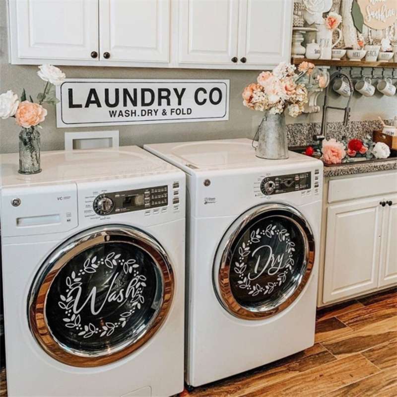 Laundry Room Decor "Wash" "Dry" Vinyl Decal Set, Washing Machines Farmhouse Laundry Decor With Floral Wreath 13.5 Inch E830 210929