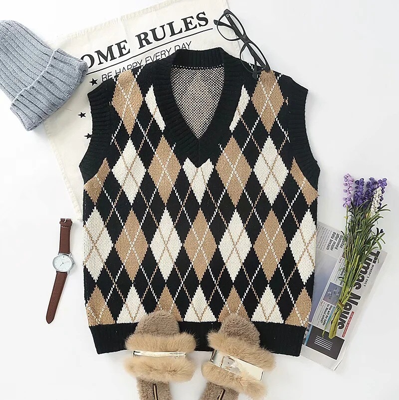 Preppy Style Check Plaid Knitted Sweater Vest Women 90s Vintage Korean Clothing Loose Waistcoat Y2K Knitwear Sleeveless Jumper 210429