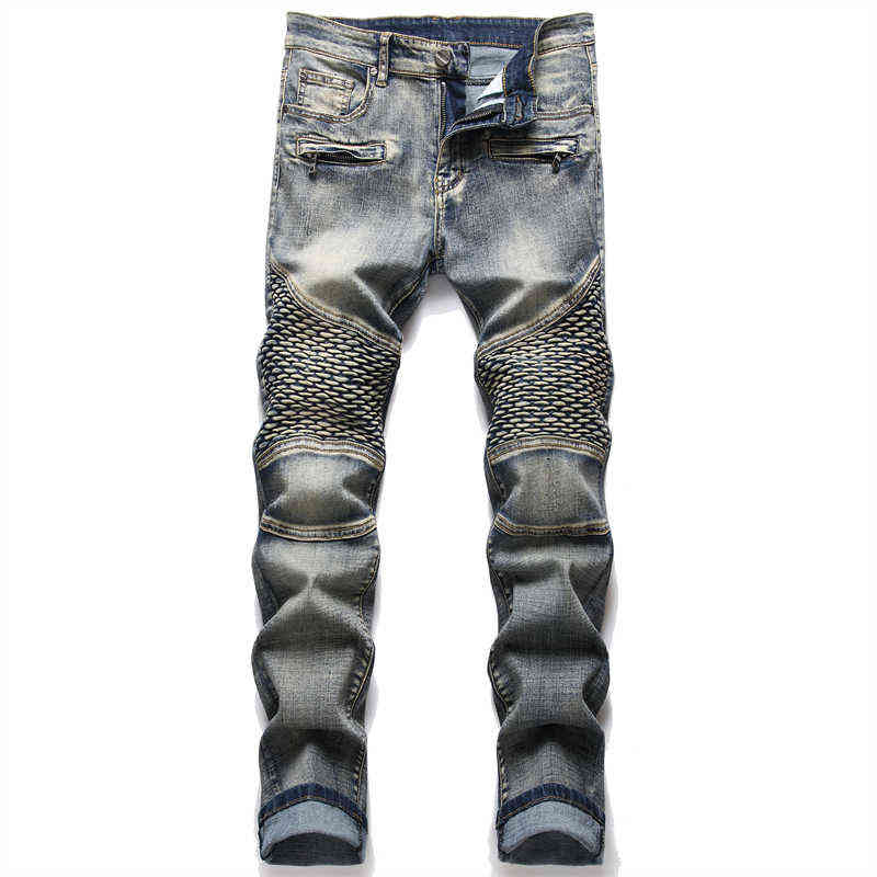 Dropshipping Fashion New Biker Jeans Men's Distressed Stretch Ripped Hip Hop Slim Fit Holes Punk Denim Cotton Pants X220214