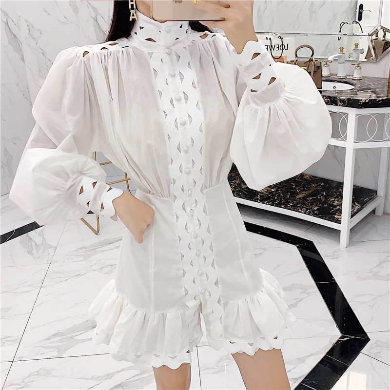 Autumn High Street Runway Dress Women Elegant Ruffles Lantern Sleeve White Hollow Out Mini Trumpet Dress Cotton Dress 210515