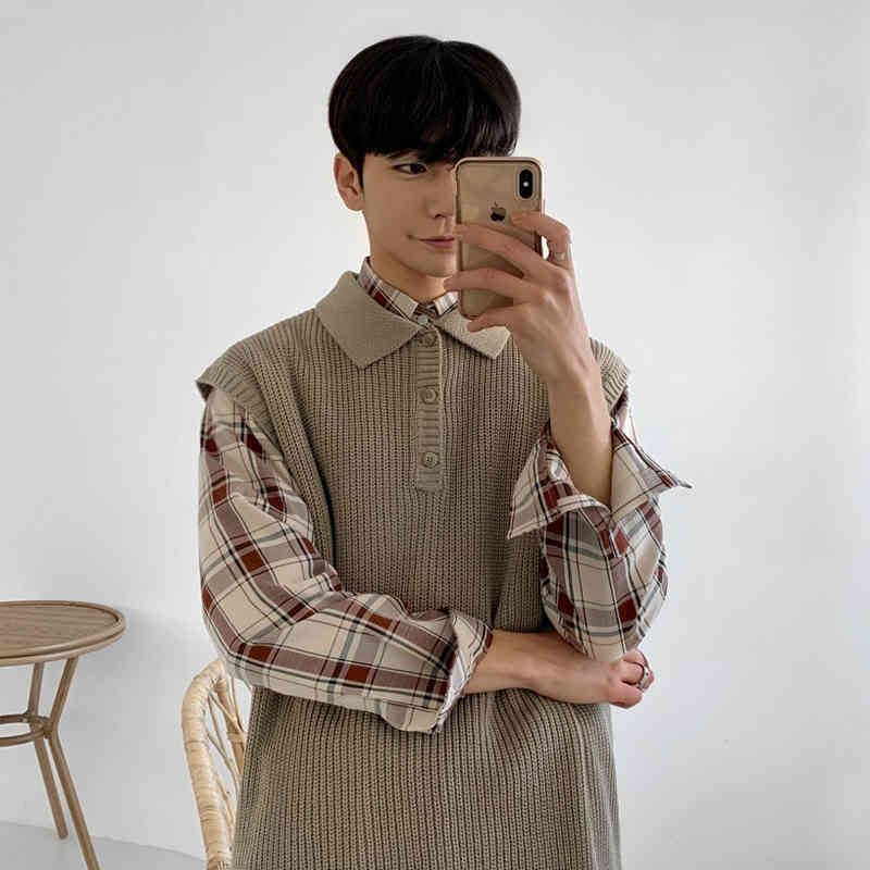 IEFB Men's Kint Waistcoat Handsome Trend Korean Fashion Sleeveless Polo Collar Vest Personality Knitted Tops 9Y5737 210524