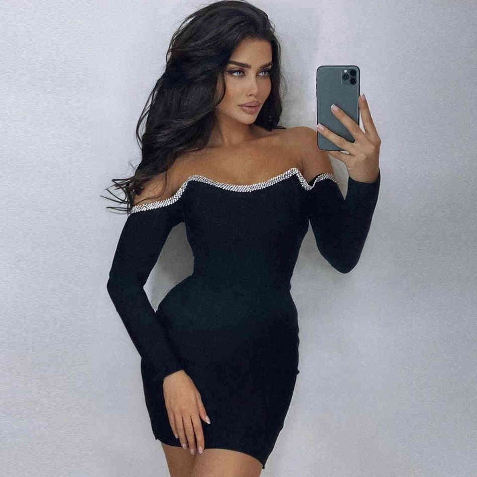 Winter Women Long Sleeve Bodycon Bandage Dress Sexy Black Off Shoulder Mini Club Celebrity Evening Party Dresses 210423