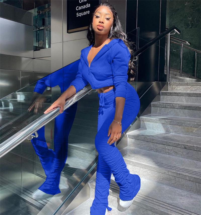 Solid Hooded Two Piece Set Women 2021 Autumn Long Sleeve Zipper Top And Stacked Pants Sporty Streetwear Casual Matching Sets Women's Tracksu