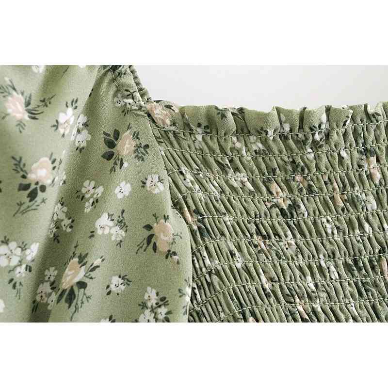 Vintage French Style Elastic Ruched Body Floral Print Women Dress Ruffles Square Collar Hem Slit Midi Dresses Beach Holiday 210429