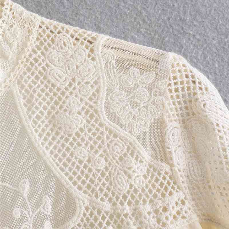 Elegant Women Beige Embroidery Shirts Fashion Ladies Mesh O-Neck tops Streetwear Female Chic Patchwork Blouses 210430