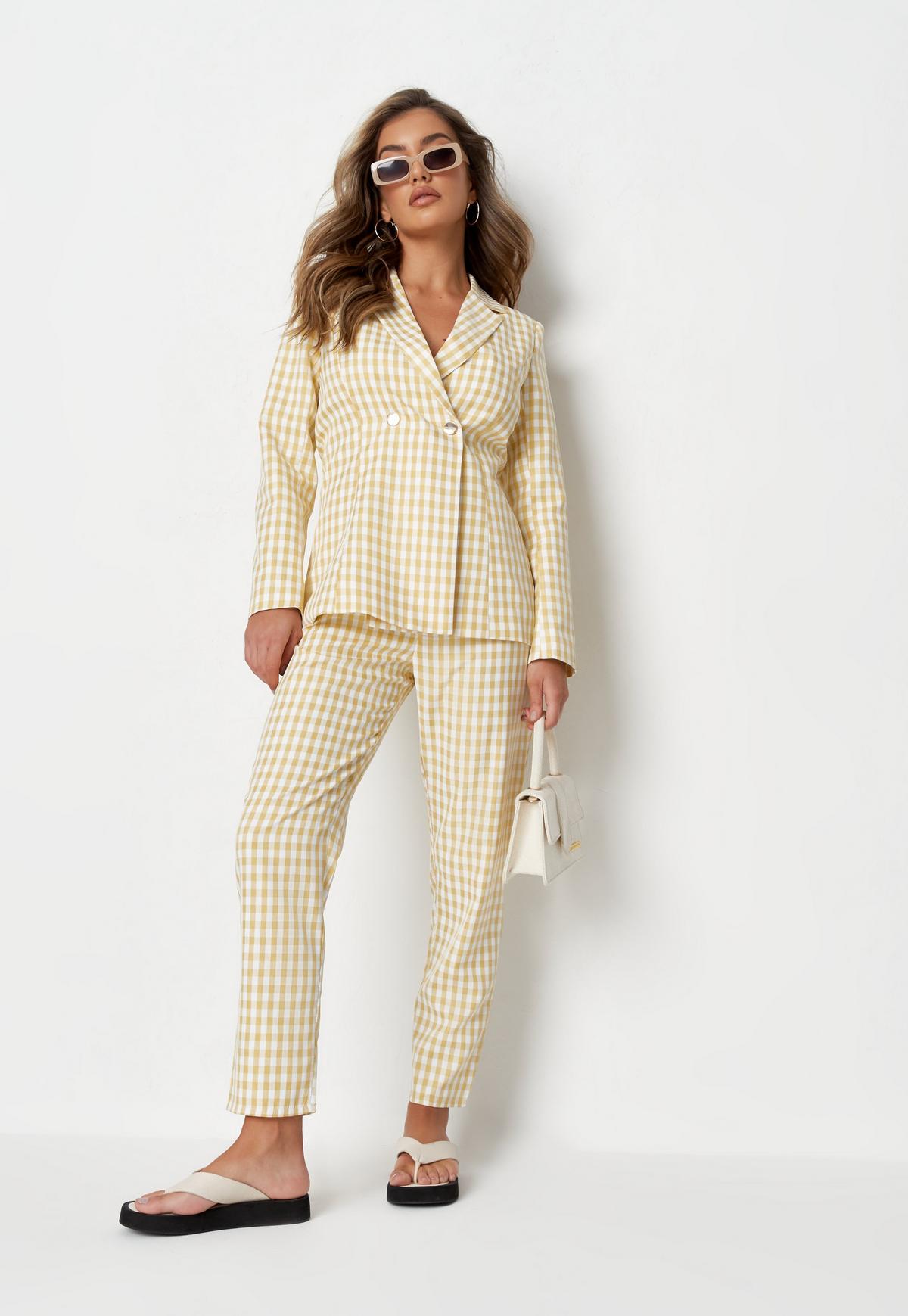 Summer Light Yellow Check Women Pants Suits Slim Fit Plaid Blazer Suit Ladies Prom Party Wedding Wear(Jacket+Pants)