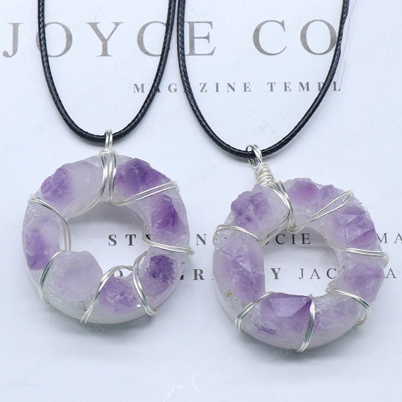 Wire Wrapped Natural Stone Amethyst Pendant Necklace 35mm Donut Pendant Irregular Healing Crystal Collar Necklaces for Women fashion jewelry