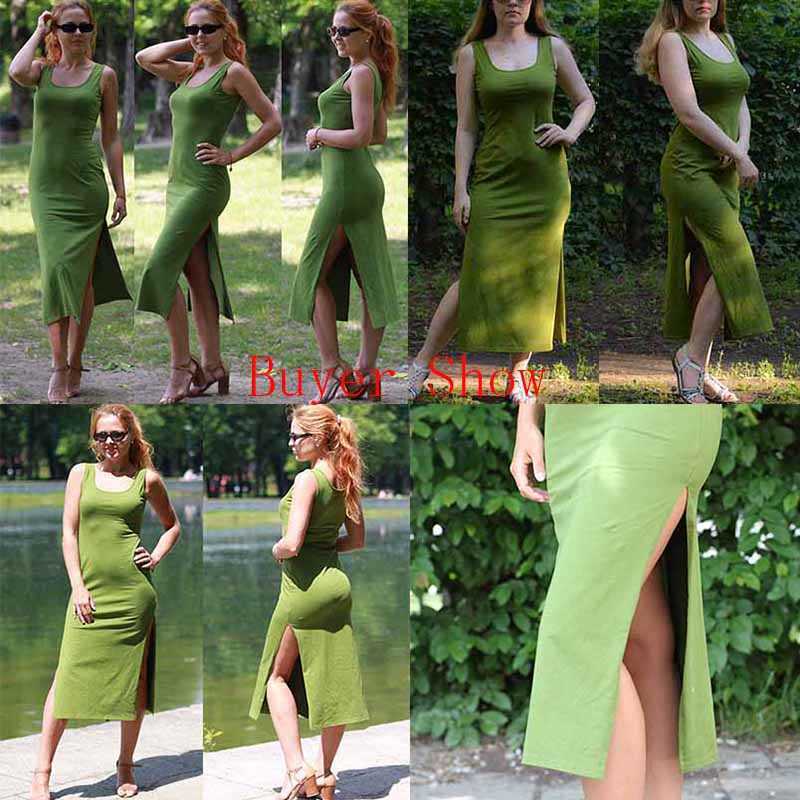 95% Cotton Sexy Bodycon Slit Midi Women's T-shirt Dress Streetwear Green Black Basic Casual Summer Sundress Tank Dresses 210630