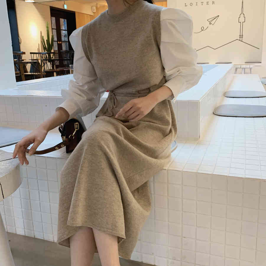 Fashion Women Bodycon Patchwork Maxi Dress Bandage Autumn Winter Chic Korean Knitted Dresses Female Slim Vestidos 210506