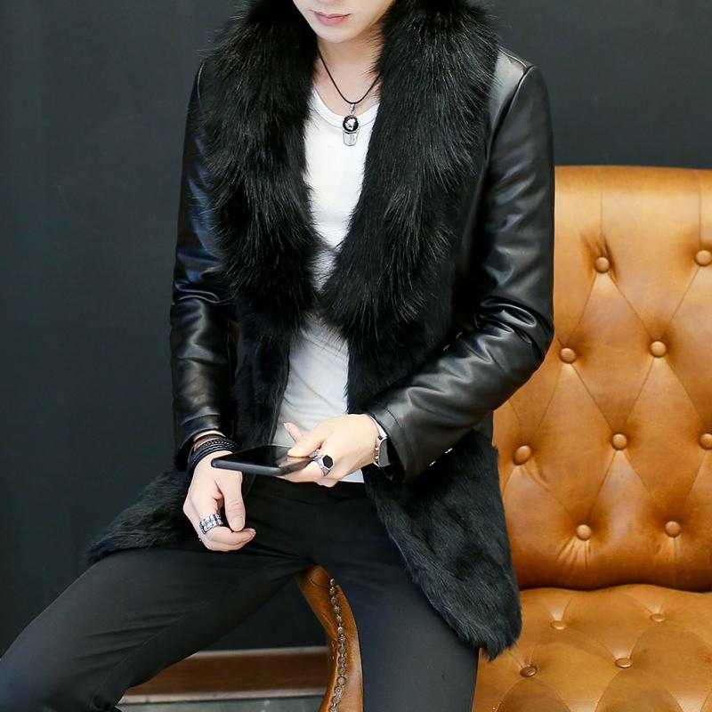 Mens Fur Faux Fashion Mens Leather Warm Long Coat Collar Outwear Black White Wint