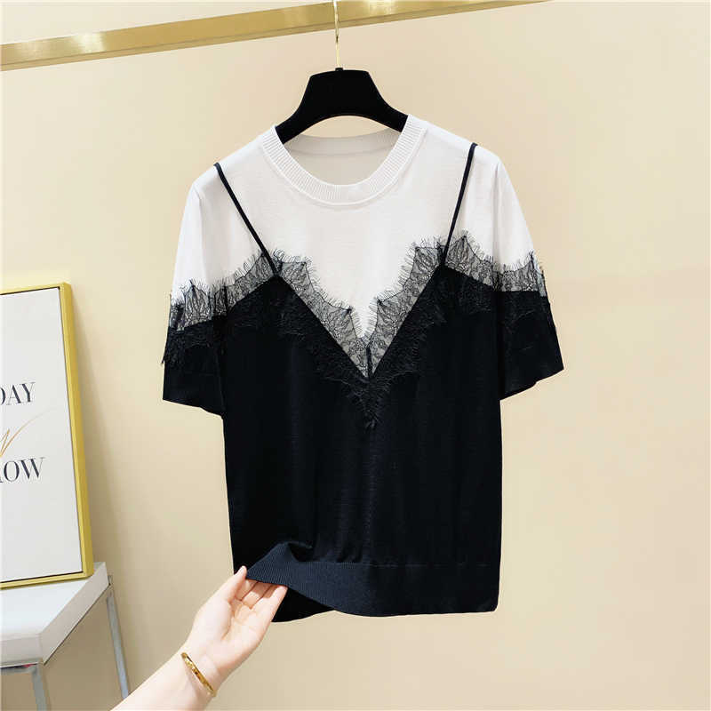 Lace Patchwork Color Matching Fake Two-Piece Short Fiber T-shirt Female Summer Loose O Neck Ageing 210615, White
Lace Patchwork Color Matching Fake Two-Piece Short Fiber T-shirt Female Summer Loose O Neck Ageing 210615, White
