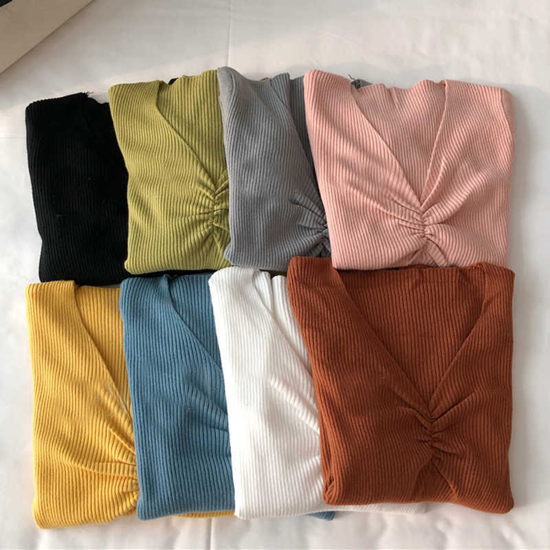 JMPRS Sexy V Neck Women Sweater Autumn Knitted Pullover Jumper Chic Soft Korean Slim Long Sleeve Female Basic Top 211011Z