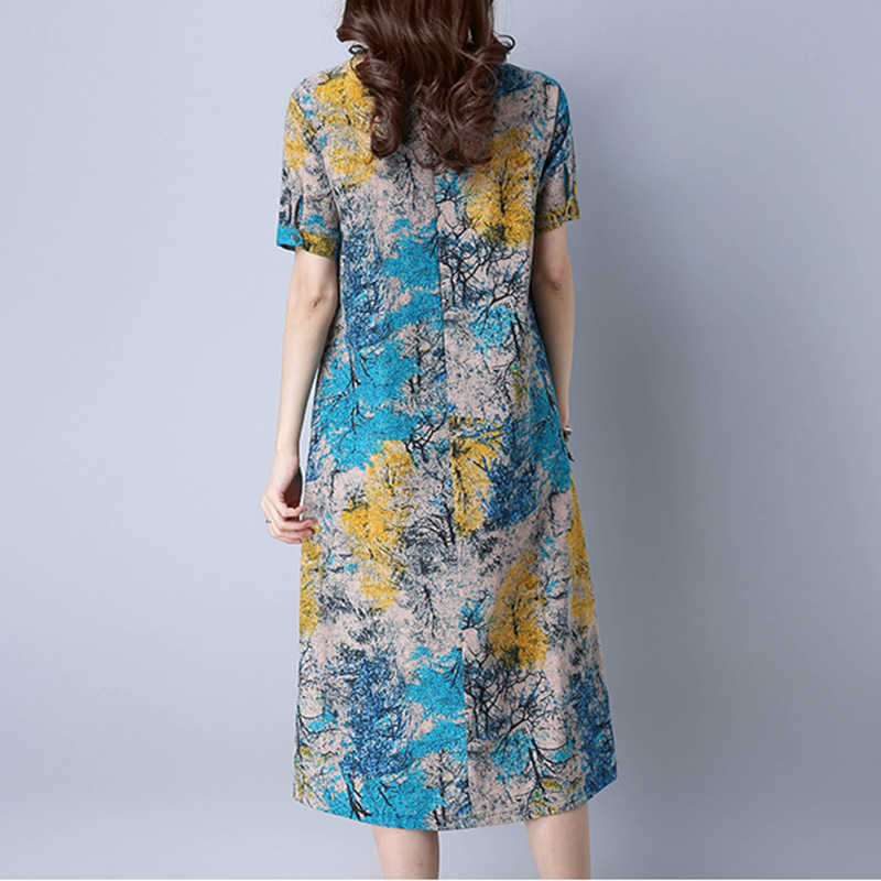 Cotton Linen Summer Dress Women Loose Plus size Casual Dress OL work Wear vintage Print beach Sundress dresses vestidos 210630