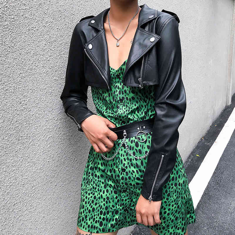 Women Leather Coat Black PU Jacket Short Long Sleeve High Waist Fashion Tops Autumn 210513