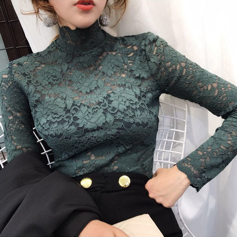 Korean Temperament Women Tops Long-sleeved Hollow out bottoming shirt Spring High neck Sexy Flower Lace blouse 210517