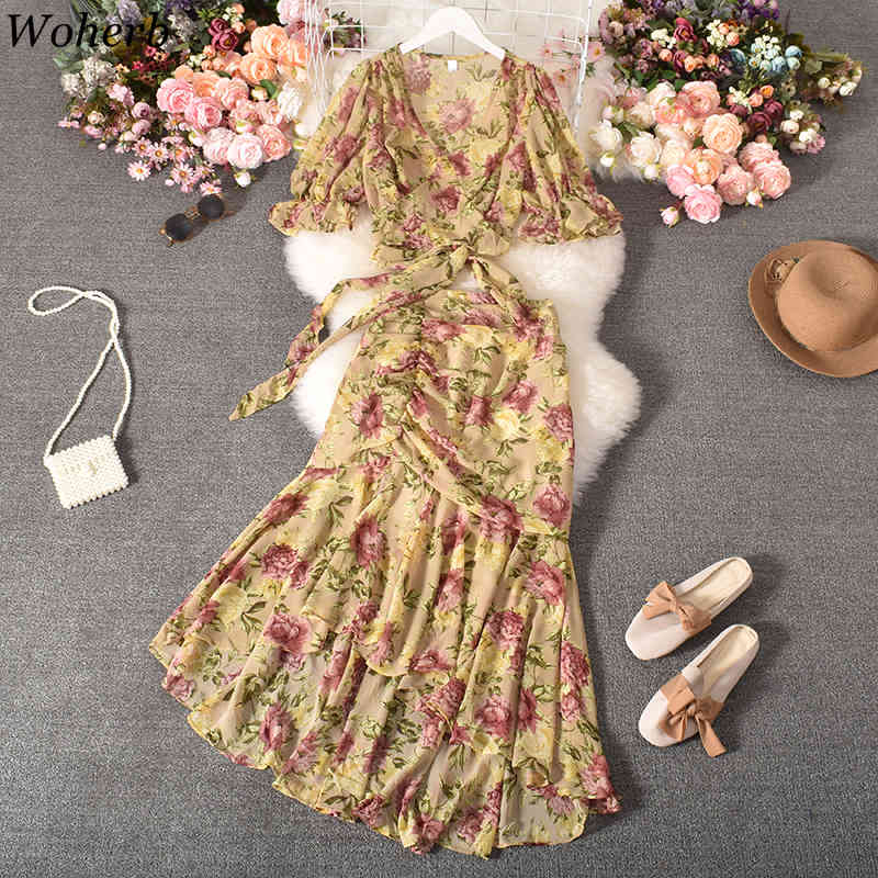 Women Clothing V-Neck Short Sleeve Crop Tops Irregular Ruffles Skirt Korean Fashion Floral Suit Two-piece Summer 210519