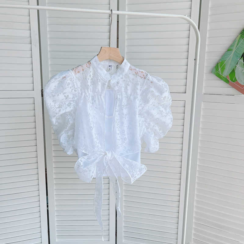 Court Women Fashion Summer Wear Cut-out Short Sleeve Thin Shirt Stand Neck White Black Solid Color Blusas De Mujer Blouse S790 210527