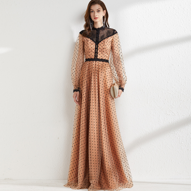 Women's Runway Dresses O Neck Long Sleeves Lace Patchwork Polka Dots Printed Elegant Maxi Floor Length Party Prom