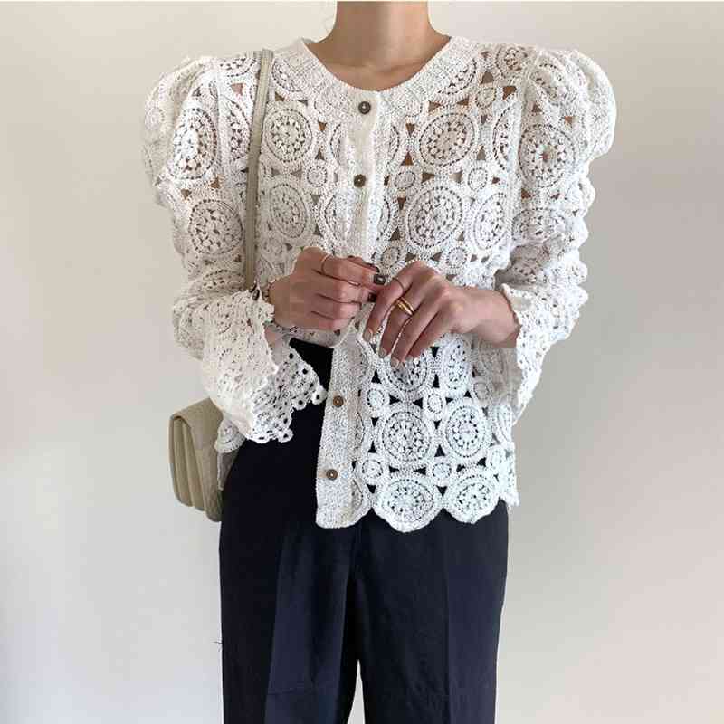 Korea Style Hollow Out Hook Flower Knitted Cardigan Summer Elegant Puff Sleeve Casual Women's Chic Top Femme 210519