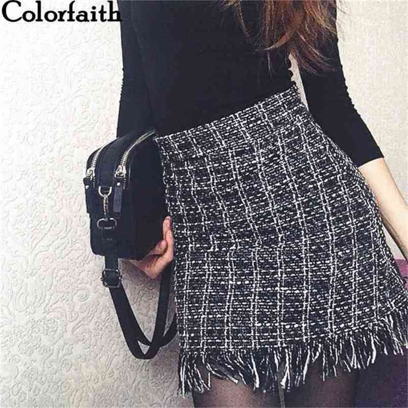 Colorfaith Spring Summer Women Woolen Mini Skirt In A Cage Vintage Plaid Tassel Skater High Waist Checkered SK5583 210619
