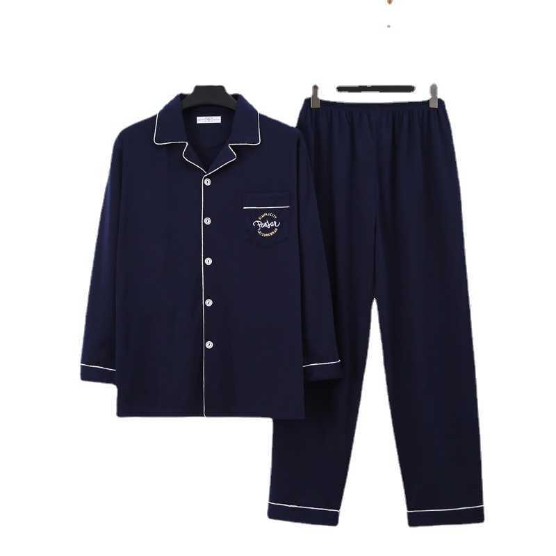 Cotton Men's Sleeve Nightwear Lapel Buttons Men's Pajamas Set Autumn Winter Leisure Elastic Waist Men Sleepwear Tops Long Pants 211019