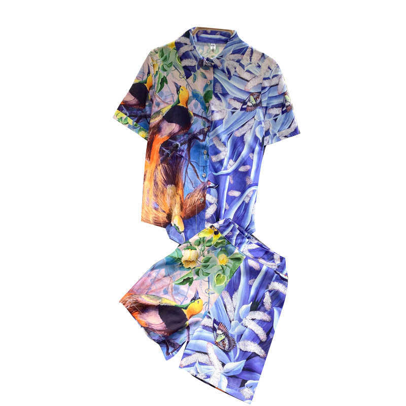 DEAT Women Lapel Short Sleeve Printing Shirt Shorts Arrivals Two Piece Set Fashion Temperament Spring Summer 11D1563 210709