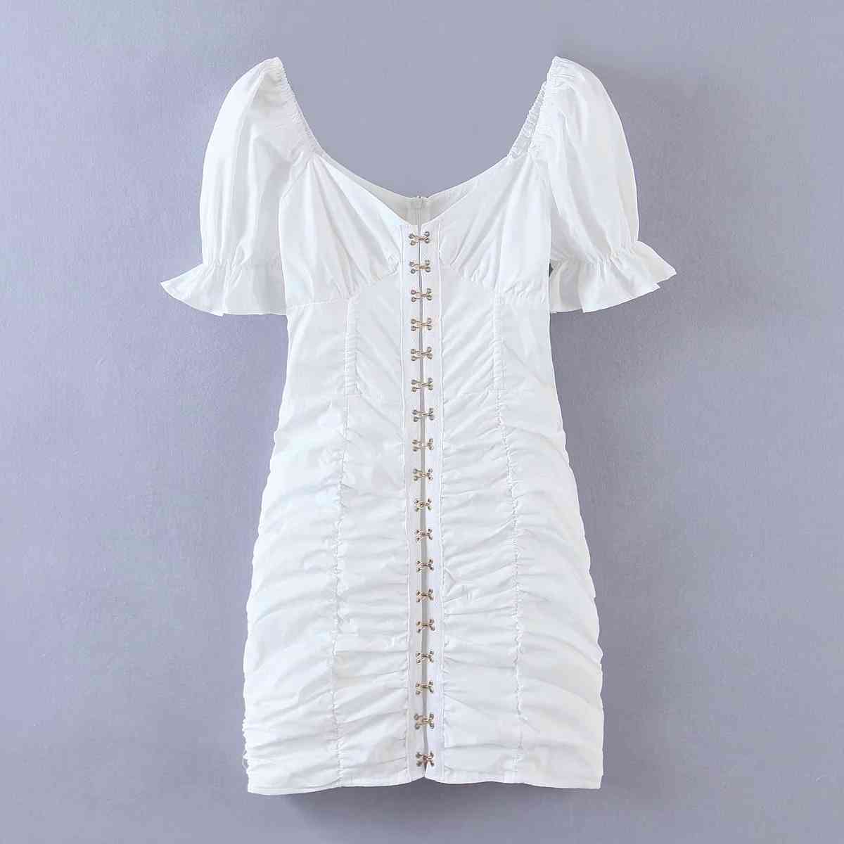 Women Puff Sleeve Bodycon White Mini Dress Summer Elegant Ruched Beach Short Dresses Single Breasted Vintage Holiday Female 210521