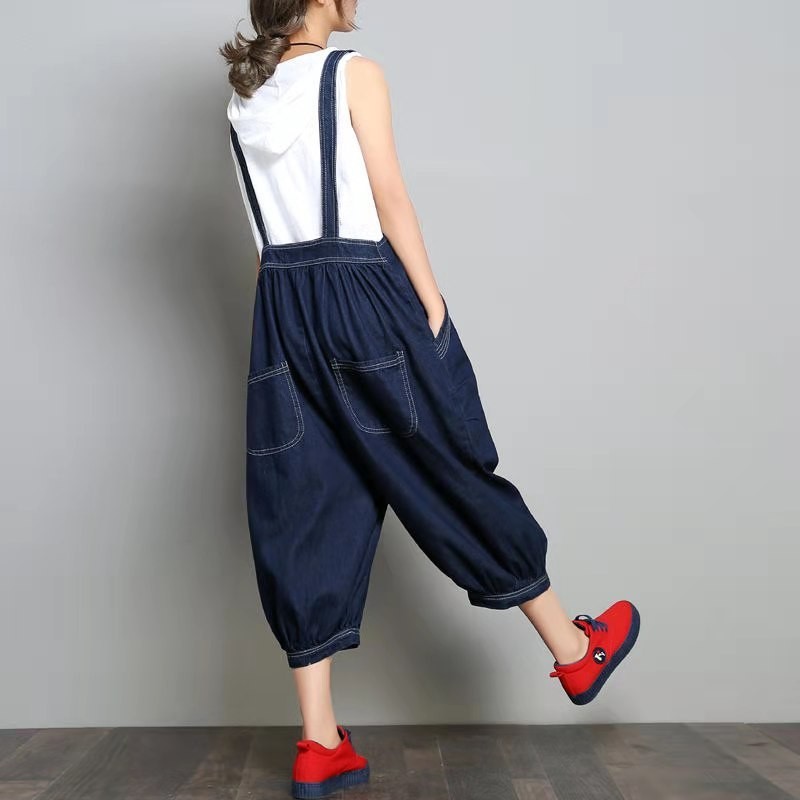 Arrival Spring/summer Women Loose Casual All-matched Wide Leg Pants Cotton Denim Calf-length Braces Jumpsuit W36 210512