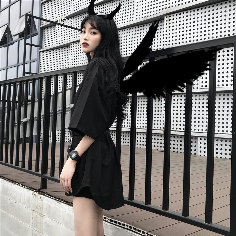 Korean Loose Long Shirt Women Summer Top Black Blouse Harajuku Style Streetwerar Blusas with Belt Wallet 22879 210519