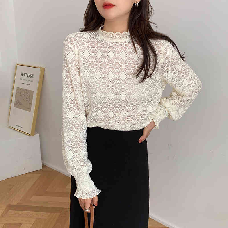 Nomikuma Autumn Winter Baisc Lace Shirt Puff Long Sleeve Stand neck Women Blouse Causal Elegant Hook Blusas Top 6D164 210427