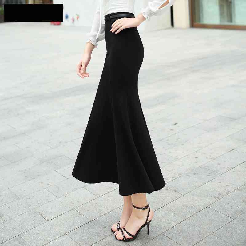 Long Skirt Women Fish Tail Black With Belt Mid-calf Length Spring Autumn Mermaid Trumpet Empire High Waist Stretchy B90591 210421