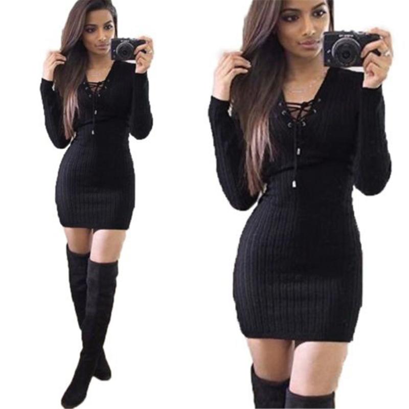 Autumn Slim Winter Short Dress Bandage Long Sleeve Y-Neck Sheath Sexy Bodycon Party Club Solid Women Sweater Dresses Casual