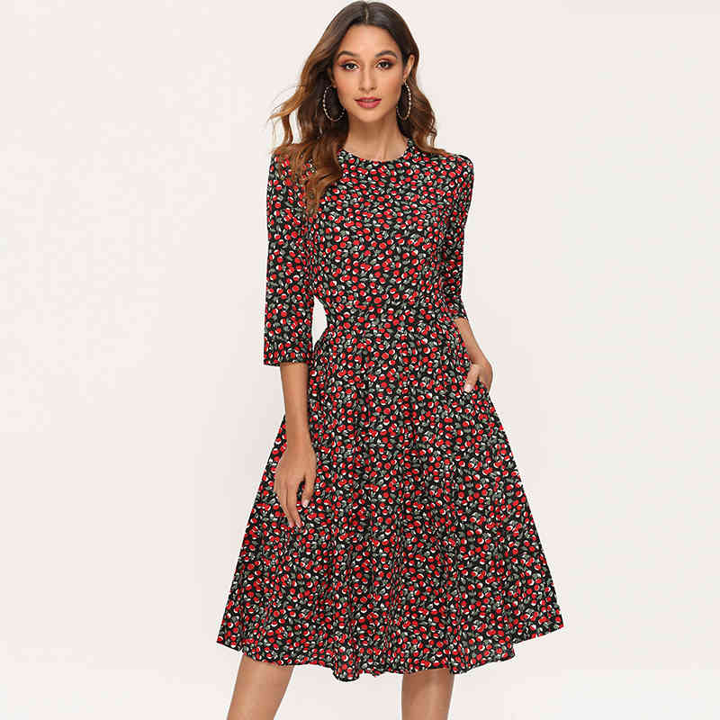 Women A Line Elegant Dress Floral Print Midi Three Quarter Sleeve O-neck Party Ladeis es Vestidos 210508