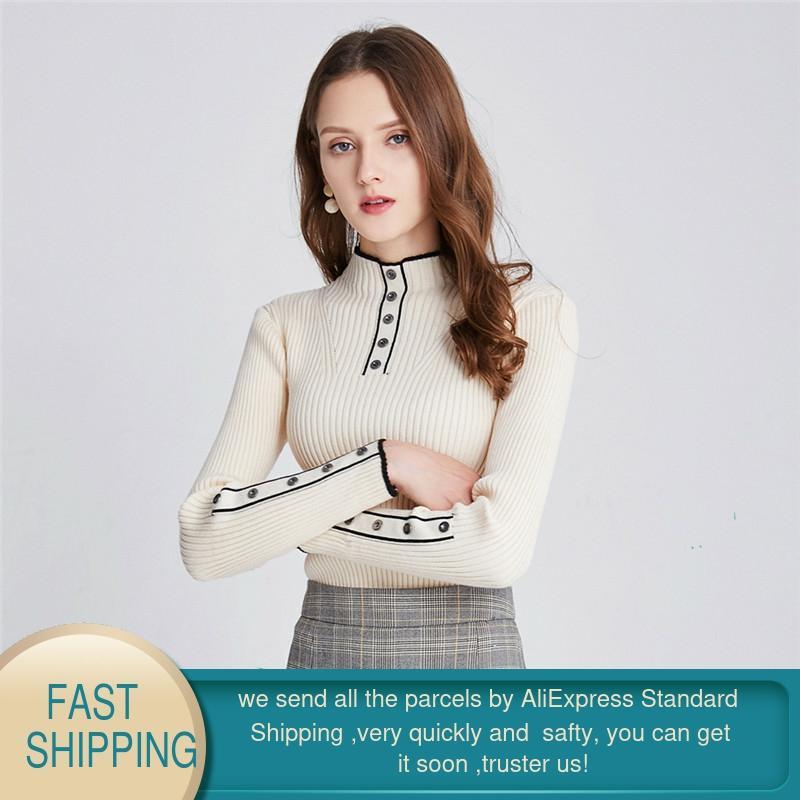 Winter Women's Sweater Korean Turtleneck Knitted High Neck Button Cashmere Jumper Warm Tunic Long Sleeve Black Pullover 210428