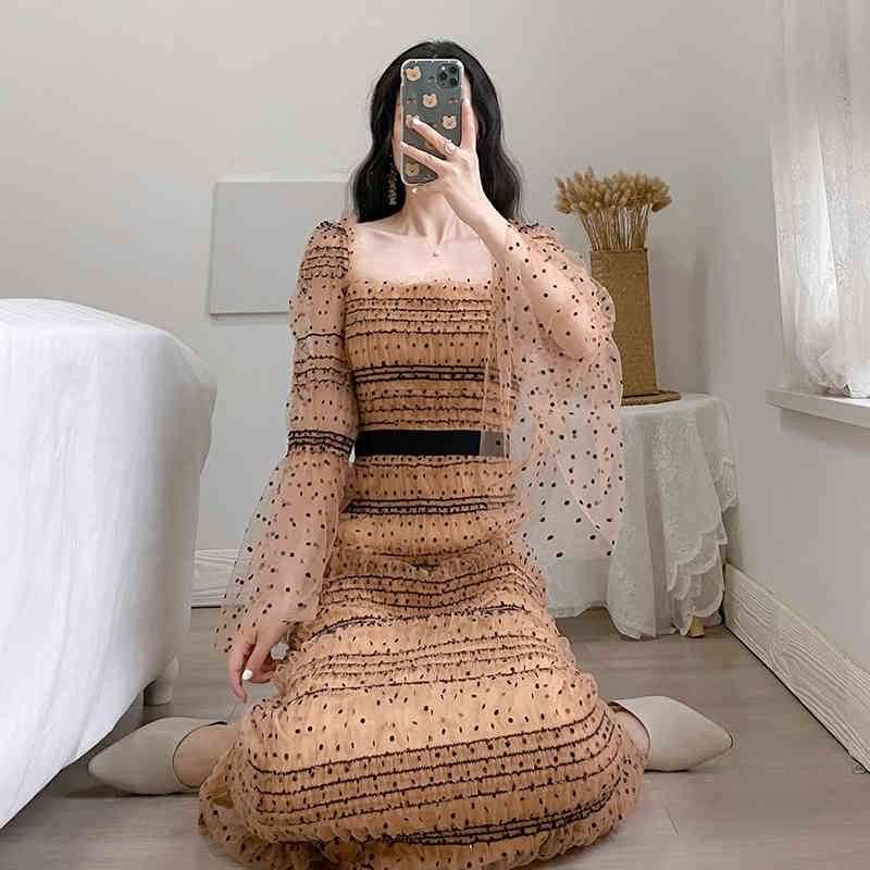 Arrive Autumn High Quality Sequins Dot Dress Women's Flared Long sleeve Runway Vestidos 210520