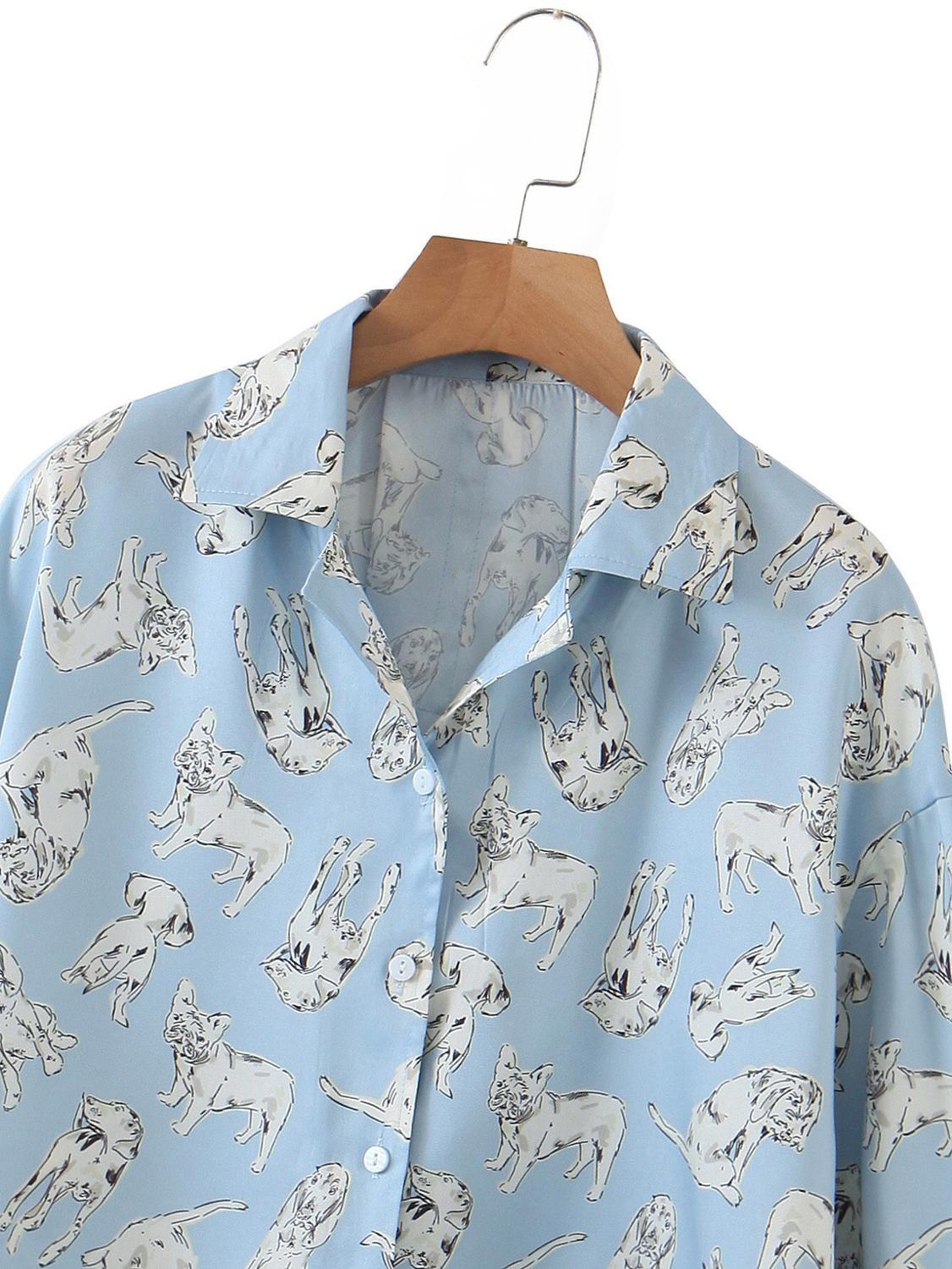 CHIC Skyblue Lapel Animal Dog Print Shirt Retro Woman Loose Long sleeve Blouse Short Tops Blousas 210429